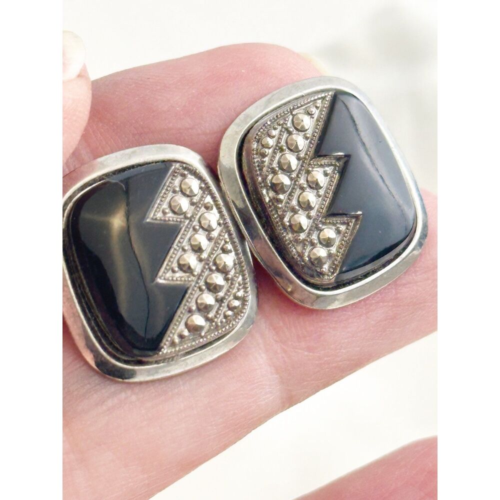 Vintage Marcasite Cufflinks Black Zig Zag square dark academia poetcore - Picture 2 of 5
